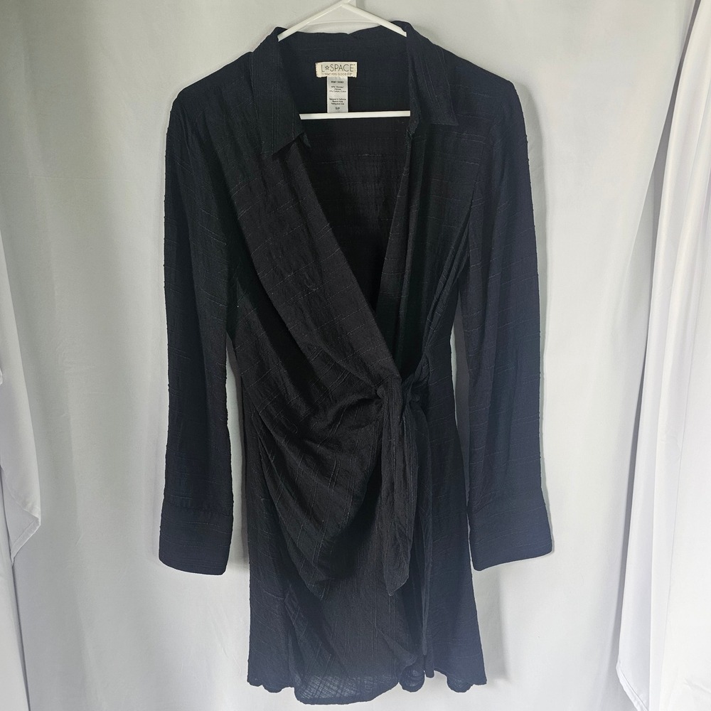 L*Space Black Textured Stripe Wrap Mini Dress Long Sleeve Collared Size S